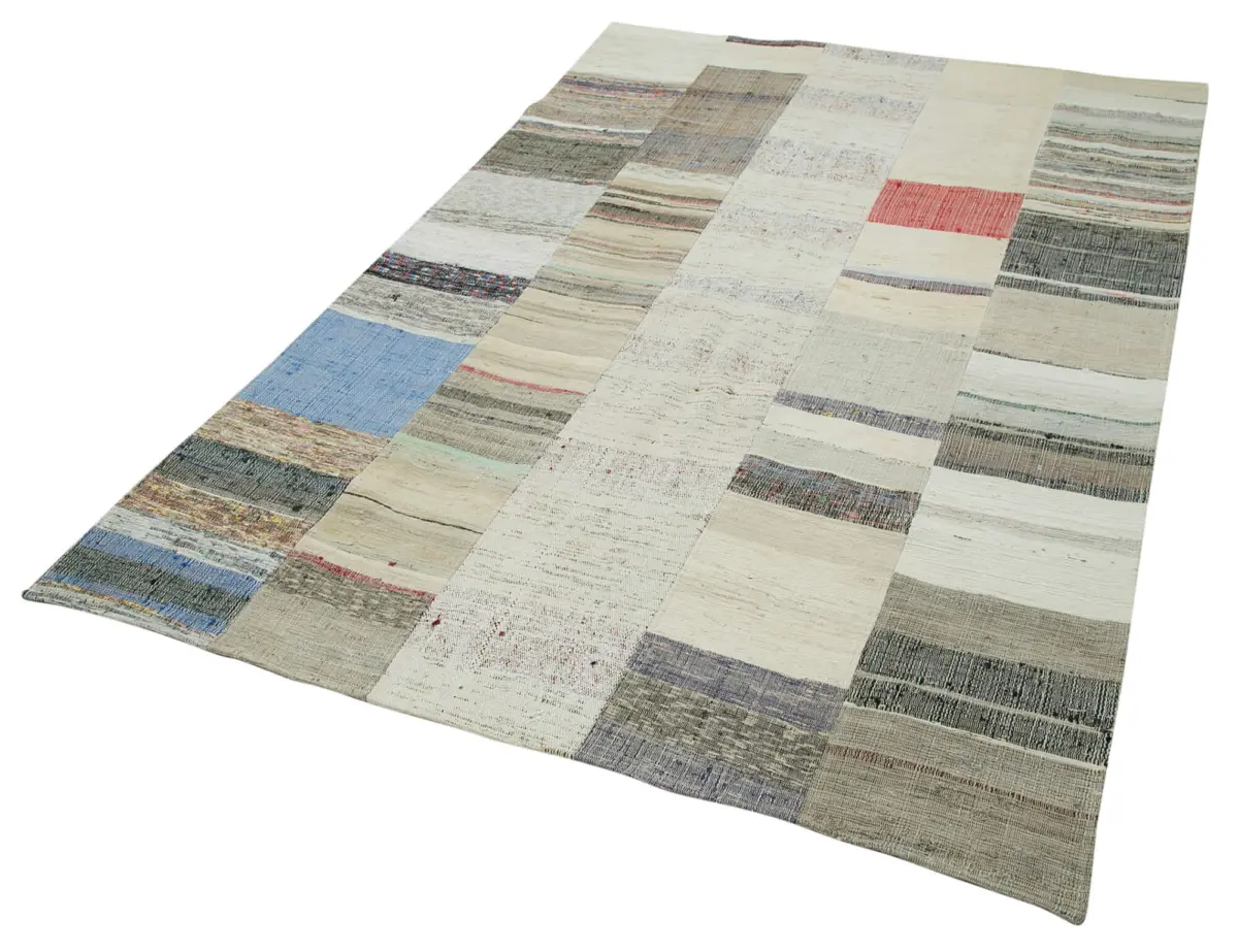 Chaput Patchwork Bej Renk Pamuk Üzerine Yün El Dokuma Kilim-170x260 - Görsel 3