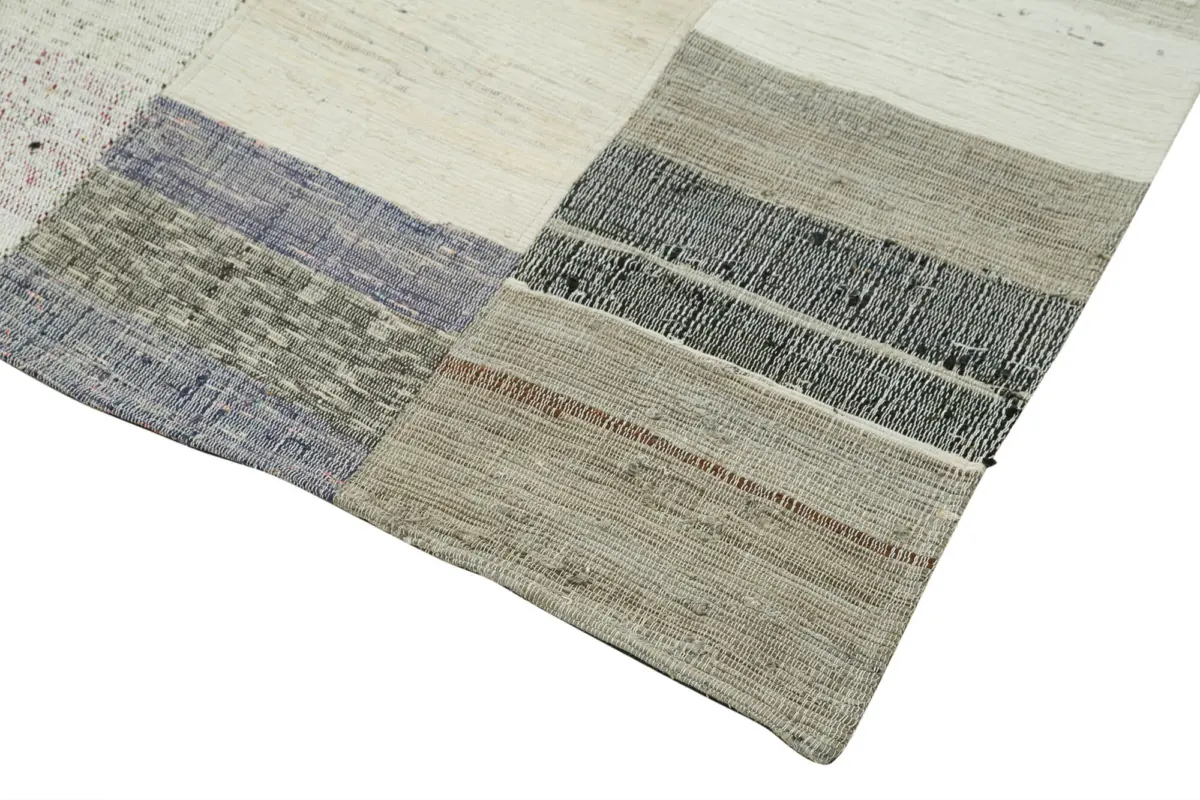 Chaput Patchwork Bej Renk Pamuk Üzerine Yün El Dokuma Kilim-170x260 - Görsel 4
