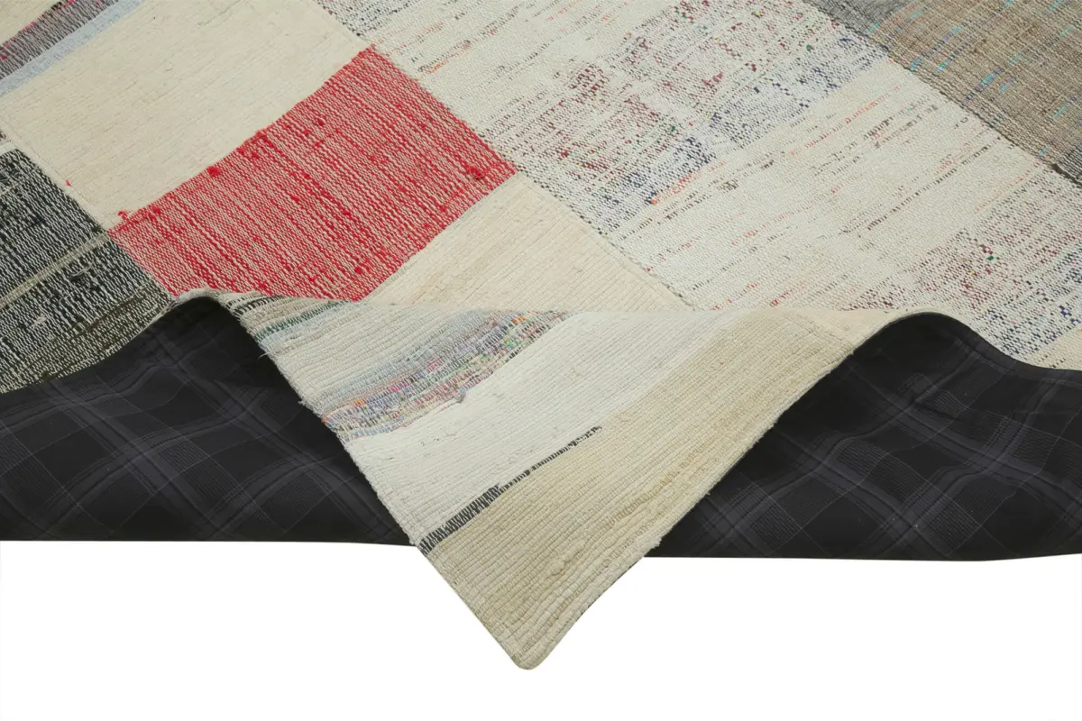 Chaput Patchwork Bej Renk Pamuk Üzerine Yün El Dokuma Kilim-170x260 - Görsel 6