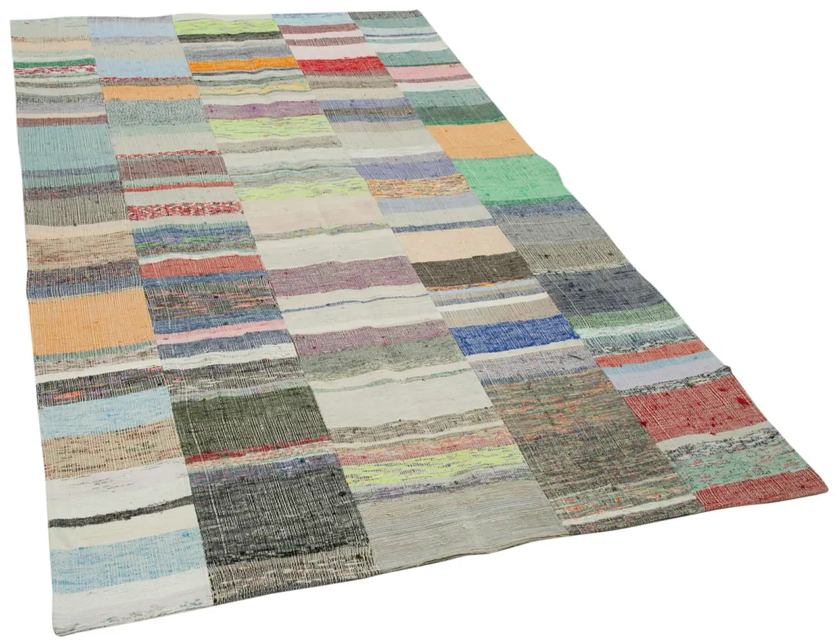 Chaput Patchwork Multi Renk Pamuk Üzerine Yün El Dokuma Kilim-158x260 - Görsel 2