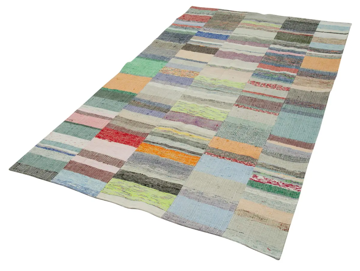 Chaput Patchwork Multi Renk Pamuk Üzerine Yün El Dokuma Kilim-158x260 - Görsel 3