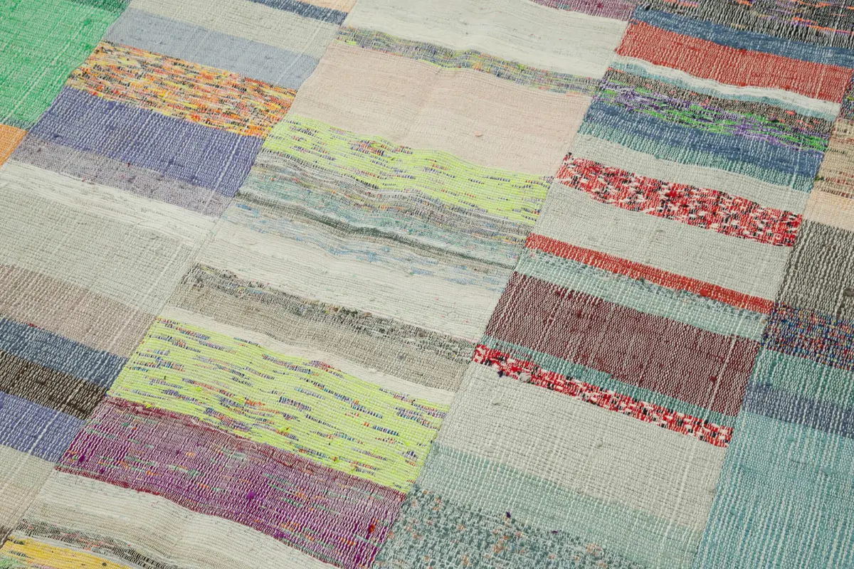 Chaput Patchwork Multi Renk Pamuk Üzerine Yün El Dokuma Kilim-158x260 - Görsel 5