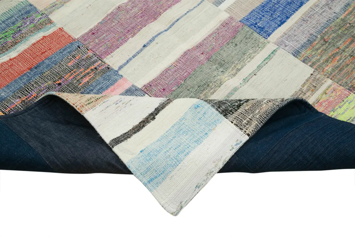 Chaput Patchwork Multi Renk Pamuk Üzerine Yün El Dokuma Kilim-158x260 - Görsel 6