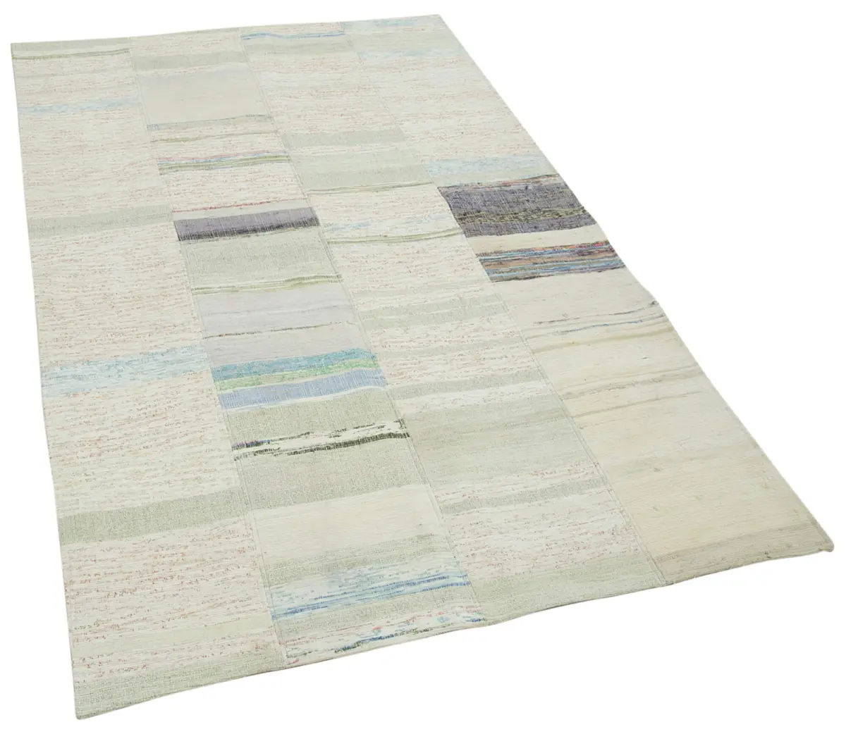 Chaput Patchwork Bej Renk Pamuk Üzerine Yün El Dokuma Kilim-130x210 - Görsel 2