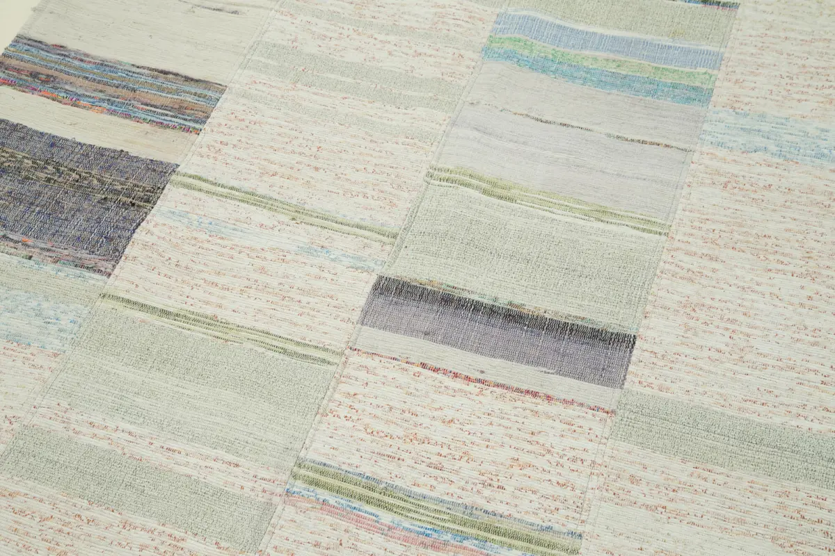 Chaput Patchwork Bej Renk Pamuk Üzerine Yün El Dokuma Kilim-130x210 - Görsel 5