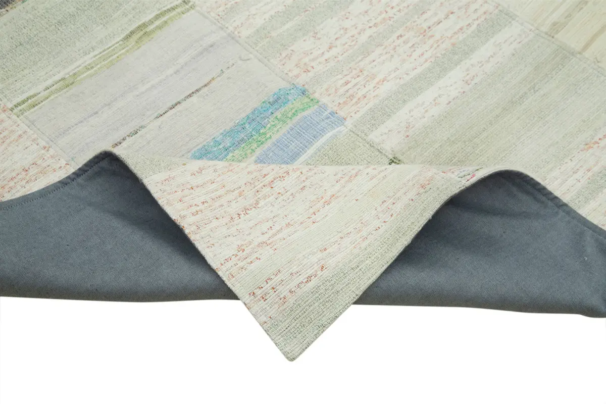 Chaput Patchwork Bej Renk Pamuk Üzerine Yün El Dokuma Kilim-130x210 - Görsel 6