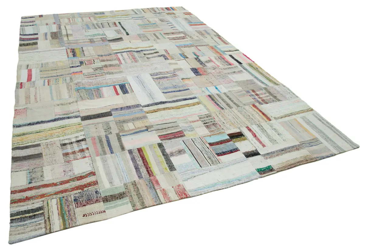 Chaput Patchwork Bej Renk Pamuk Üzerine Yün El Dokuma Kilim-244x351 - Görsel 2
