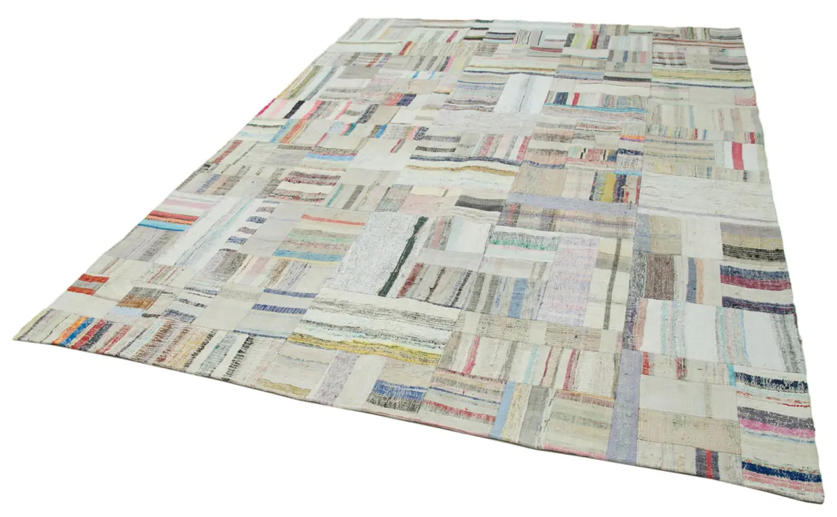 Chaput Patchwork Bej Renk Pamuk Üzerine Yün El Dokuma Kilim-244x351 - Görsel 3