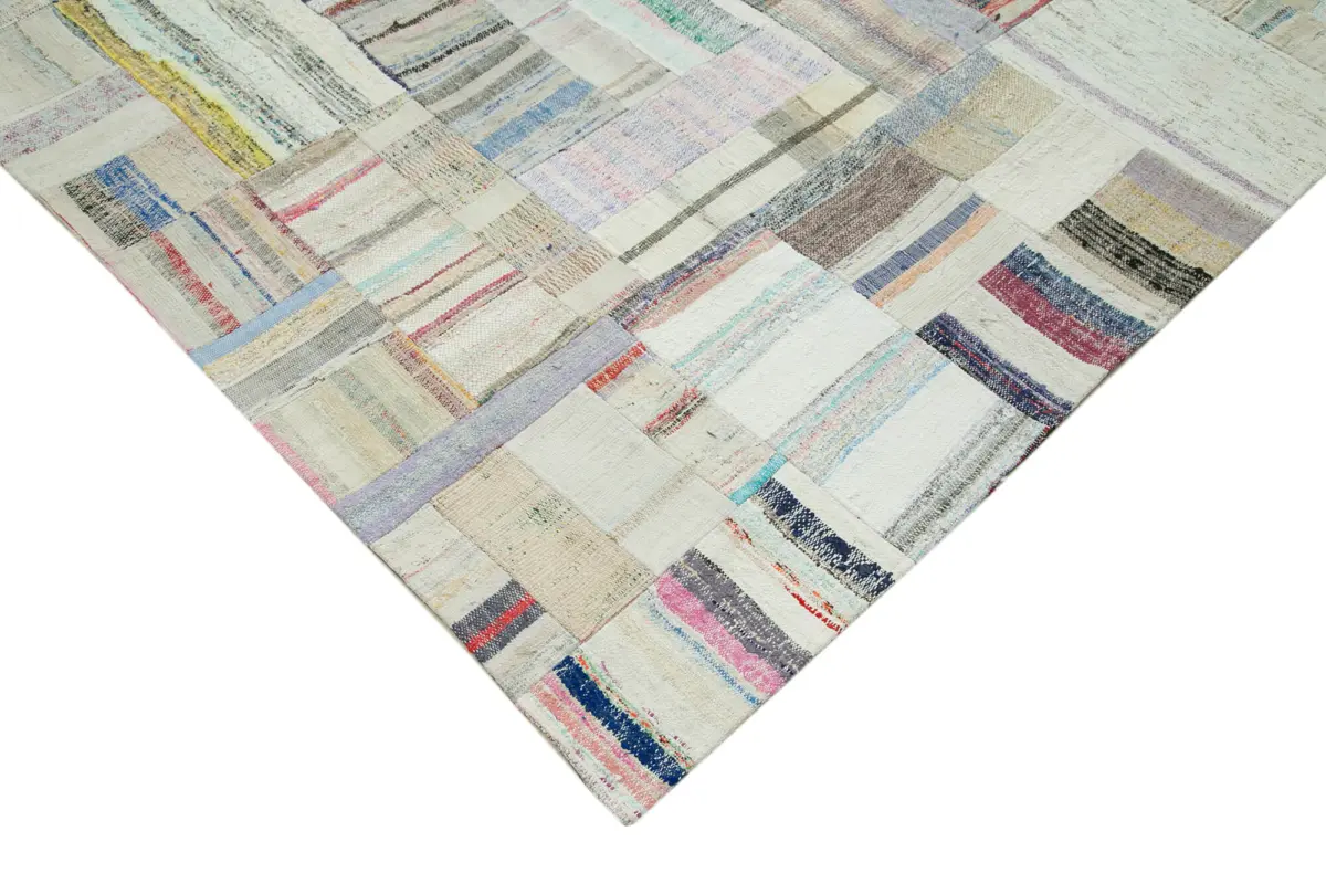 Chaput Patchwork Bej Renk Pamuk Üzerine Yün El Dokuma Kilim-244x351 - Görsel 4