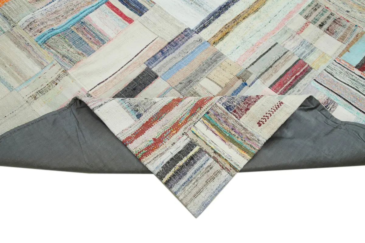 Chaput Patchwork Bej Renk Pamuk Üzerine Yün El Dokuma Kilim-244x351 - Görsel 6