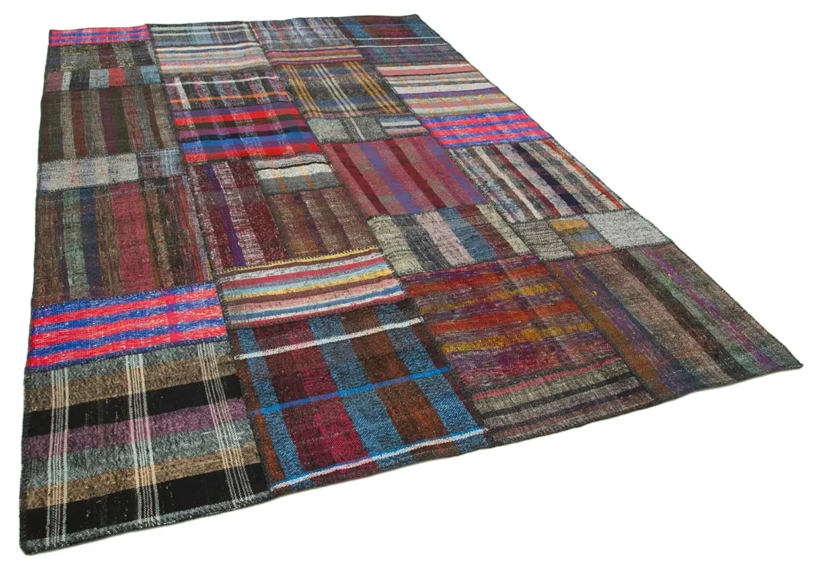 Chaput Patchwork Multi Renk Pamuk Üzerine Yün El Dokuma Kilim-207x310 - Görsel 2