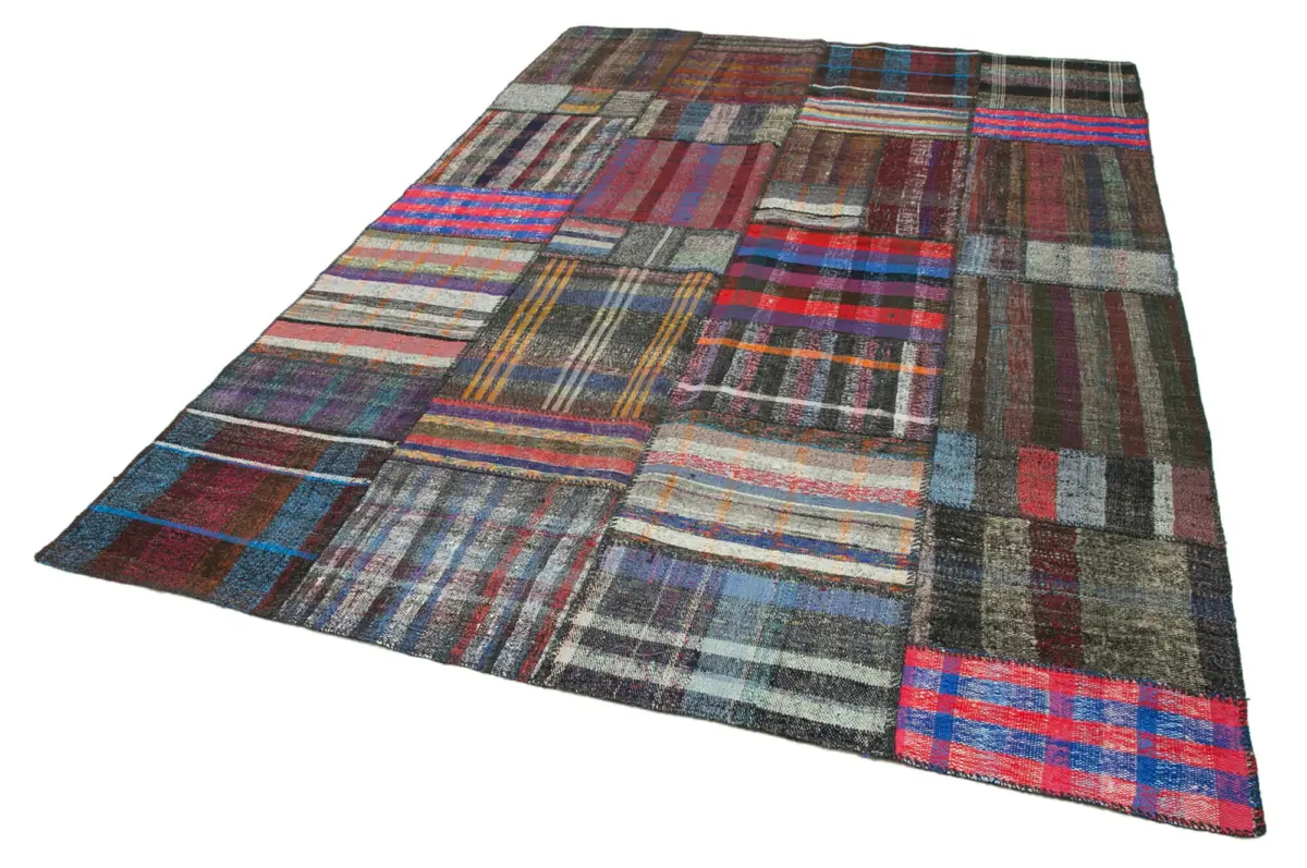 Chaput Patchwork Multi Renk Pamuk Üzerine Yün El Dokuma Kilim-207x310 - Görsel 3