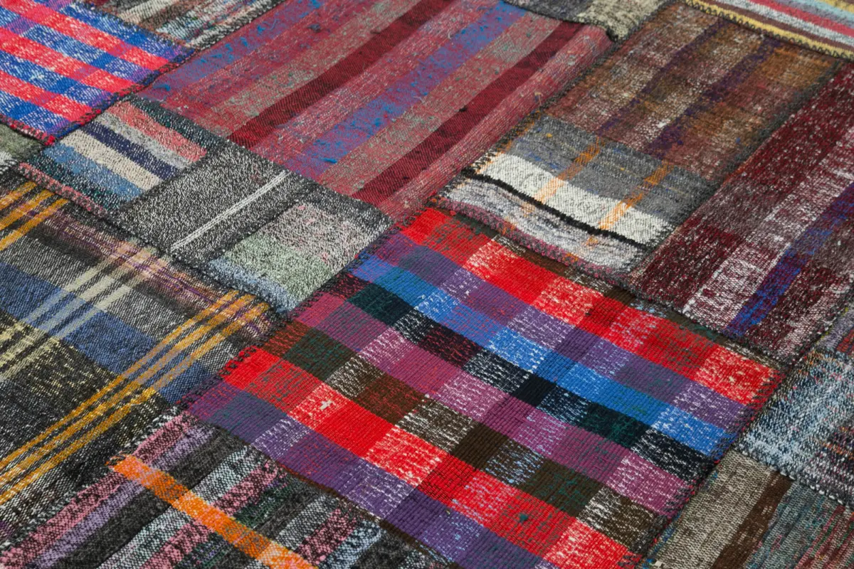Chaput Patchwork Multi Renk Pamuk Üzerine Yün El Dokuma Kilim-207x310 - Görsel 5