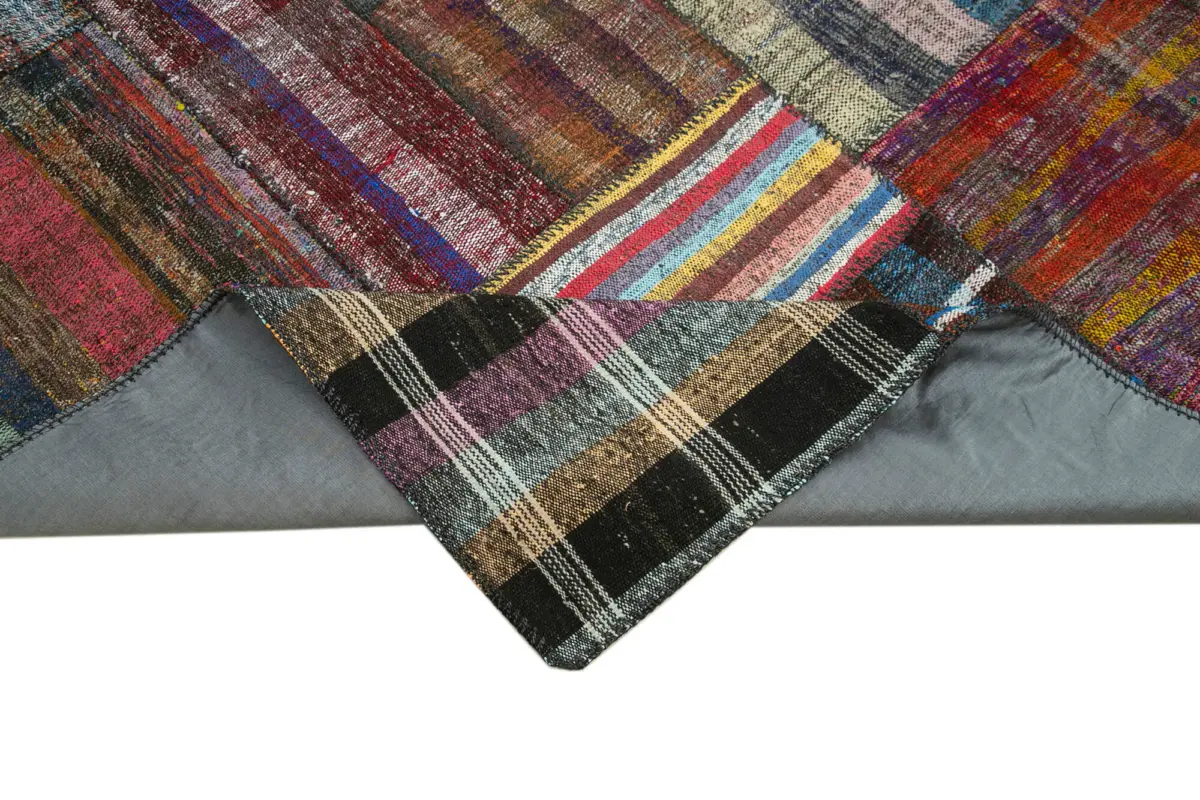 Chaput Patchwork Multi Renk Pamuk Üzerine Yün El Dokuma Kilim-207x310 - Görsel 6