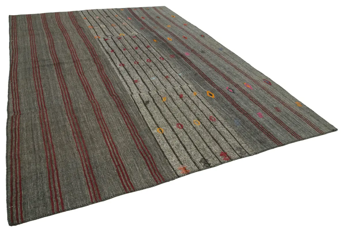 Chaput Patchwork Gri Renk Pamuk Üzerine Yün El Dokuma Kilim-251x360 - Görsel 2
