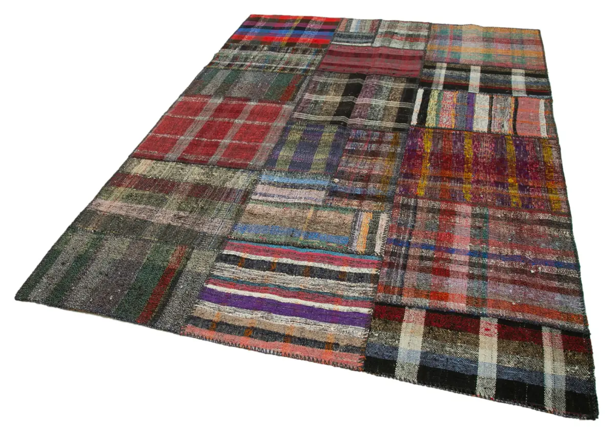 Chaput Patchwork Multi Renk Pamuk Üzerine Yün El Dokuma Kilim-176x248 - Görsel 3