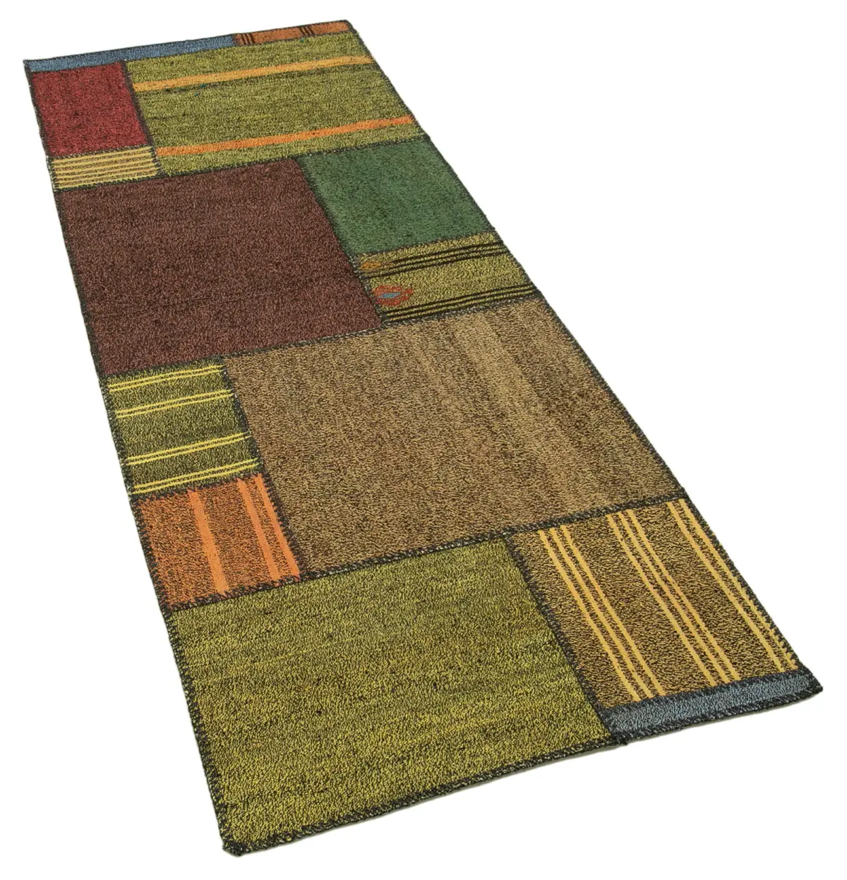 Chaput Patchwork Multi Renk Pamuk Üzerine Yün El Dokuma Kilim-083x221 - Görsel 2