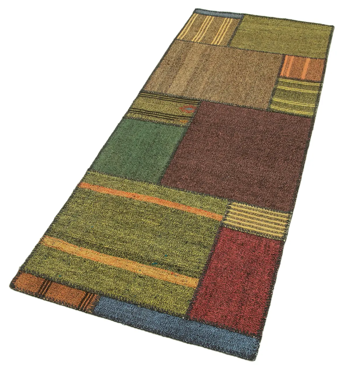 Chaput Patchwork Multi Renk Pamuk Üzerine Yün El Dokuma Kilim-083x221 - Görsel 3