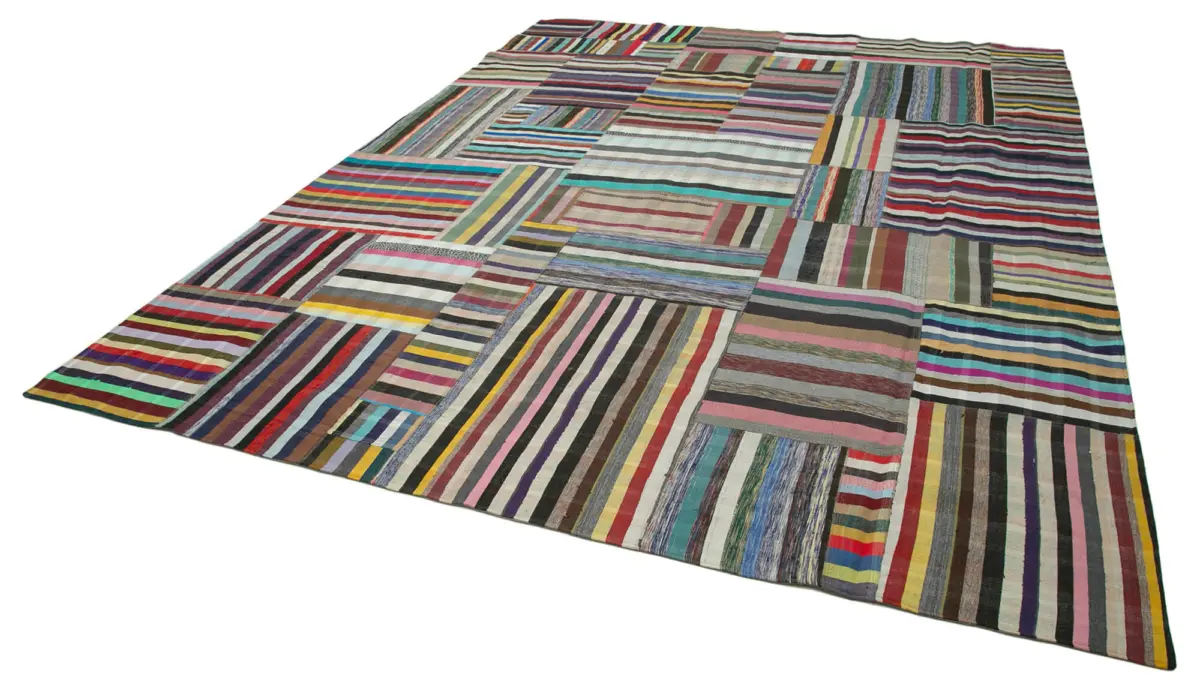 Chaput Patchwork Multi Renk Pamuk Üzerine Yün El Dokuma Kilim-305x402 - Görsel 3