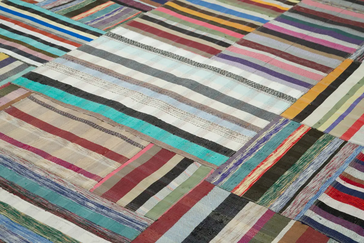 Chaput Patchwork Multi Renk Pamuk Üzerine Yün El Dokuma Kilim-305x402 - Görsel 5