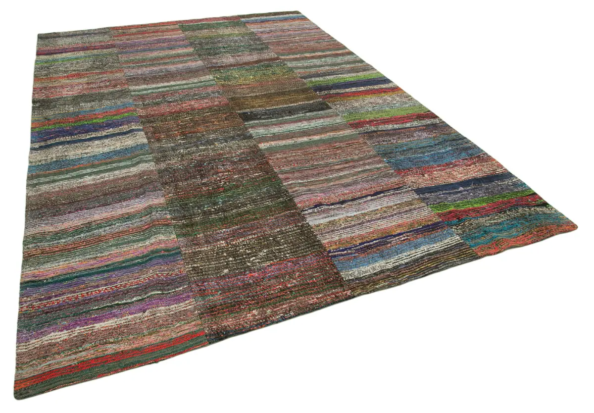 Chaput Patchwork Multi Renk Pamuk Üzerine Yün El Dokuma Kilim-243x357 - Görsel 2
