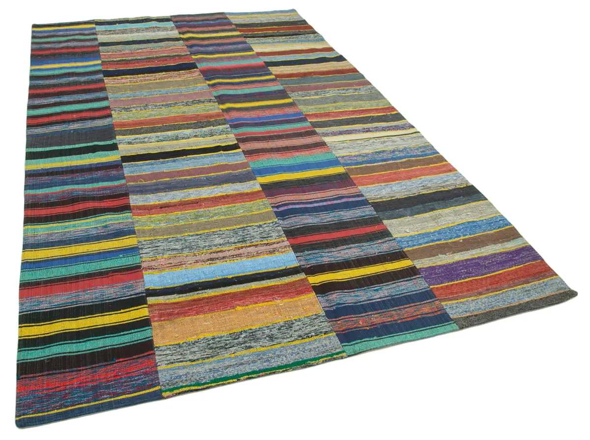 Chaput Patchwork Multi Renk Pamuk Üzerine Yün El Dokuma Kilim-180x292 - Görsel 2