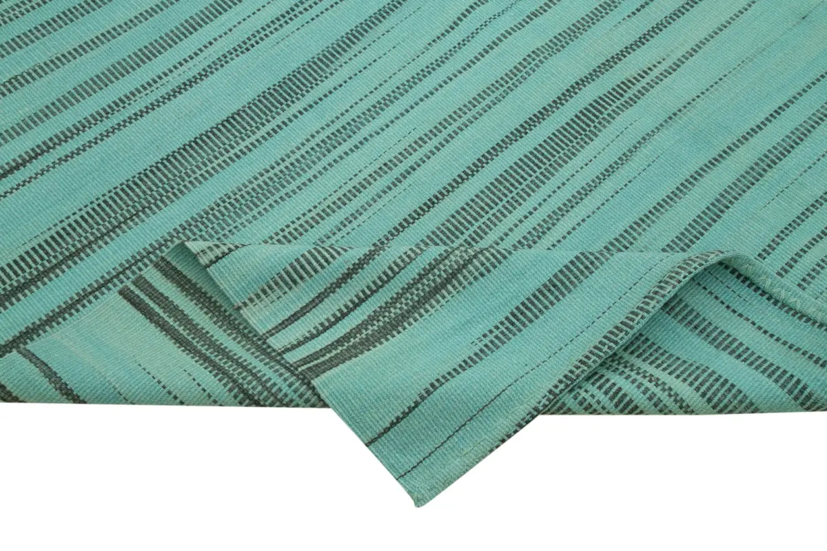 Gümgüm Modern Turkuaz Pamuk Üstü Yün El Dokuma Kilim-183x275 - Görsel 6