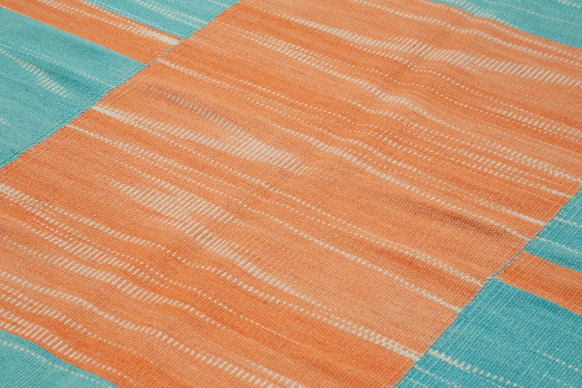 Gümgüm Modern Turkuaz Pamuk Üstü Yün El Dokuma Kilim-207x285 - Görsel 5