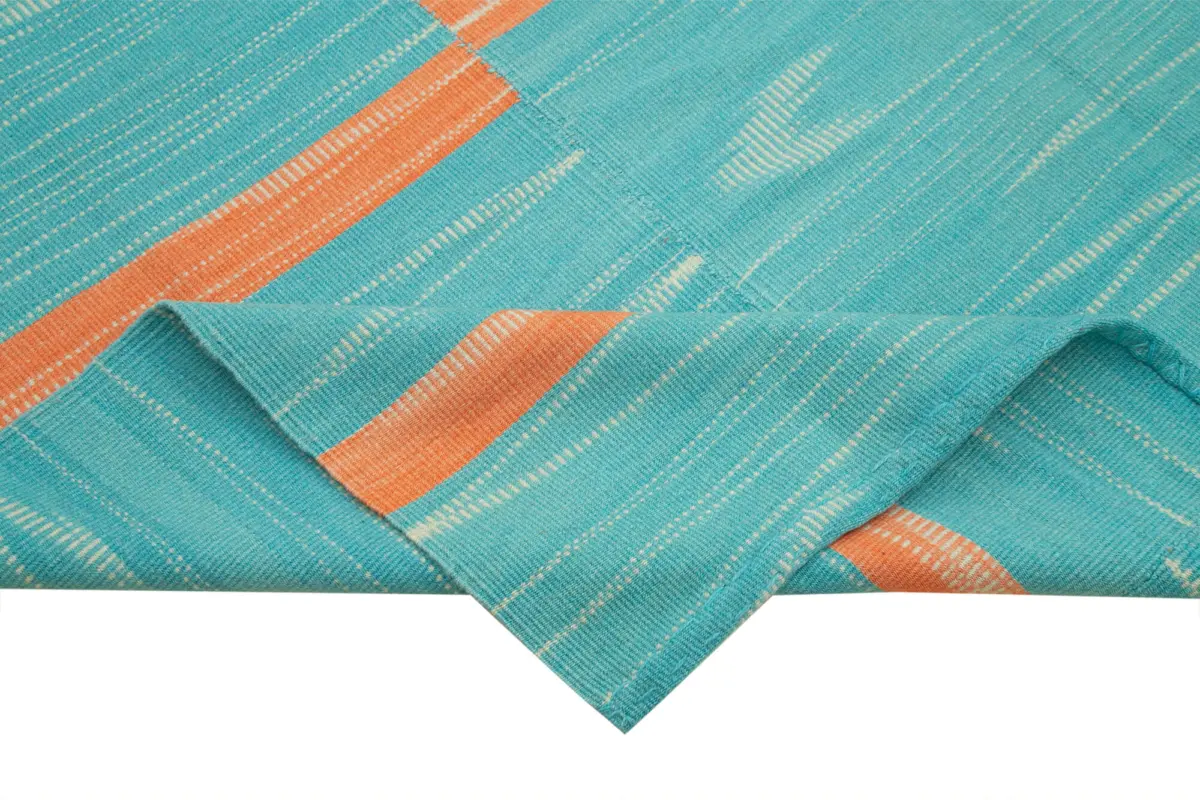 Gümgüm Modern Turkuaz Pamuk Üstü Yün El Dokuma Kilim-207x285 - Görsel 6