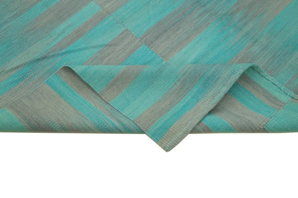 Gümgüm Modern Turkuaz Pamuk Üstü Yün El Dokuma Kilim-215x260 - Görsel 6