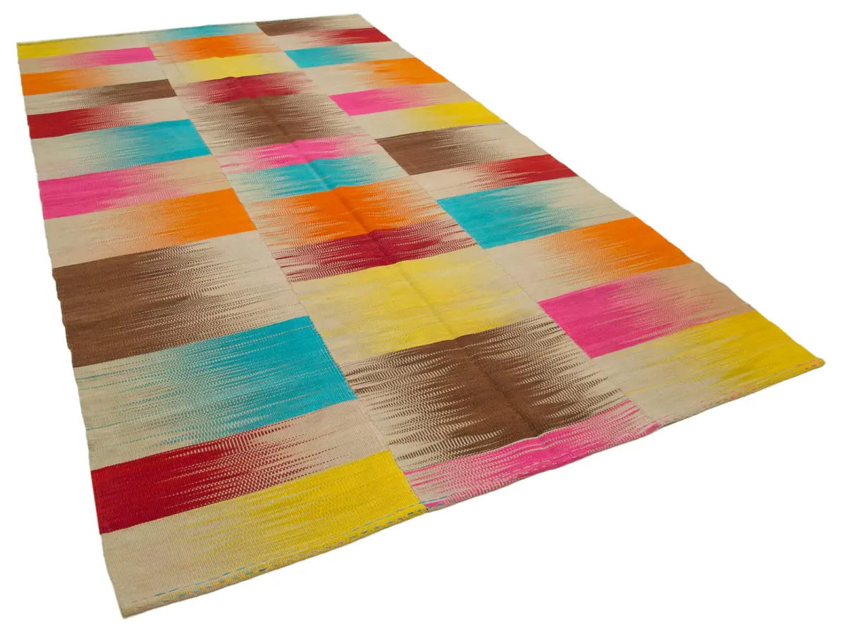 Gümgüm Modern Multi Pamuk Üstü Yün El Dokuma Kilim-198x355 - Görsel 2