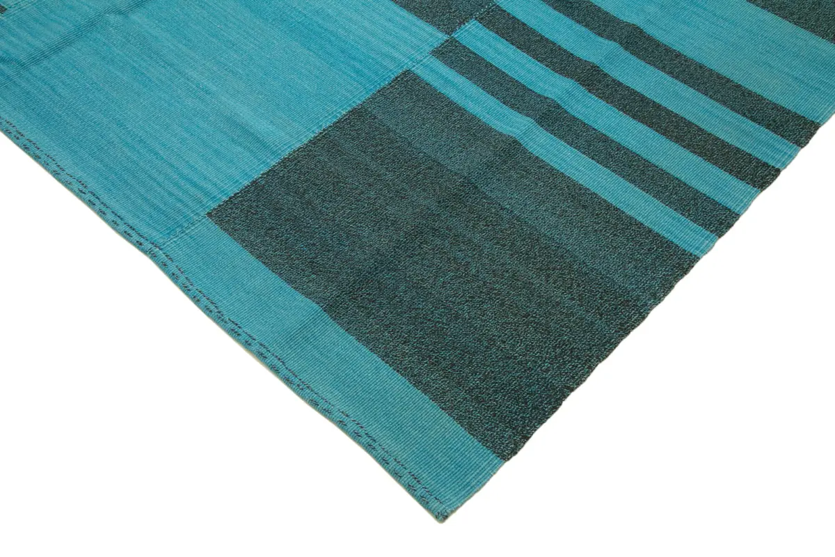Gümgüm Modern Turkuaz Pamuk Üstü Yün El Dokuma Kilim-273x414 - Görsel 4