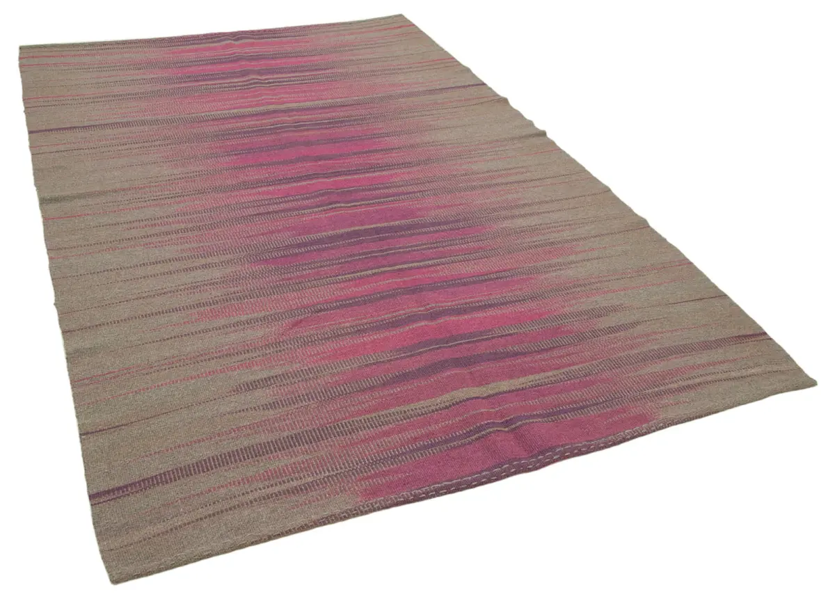 Gümgüm Modern Çizgili Mor Pamuk Üstü Yün El Dokuma Kilim-179x255 - Görsel 2