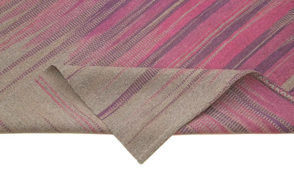 Gümgüm Modern Çizgili Mor Pamuk Üstü Yün El Dokuma Kilim-179x255 - Görsel 6