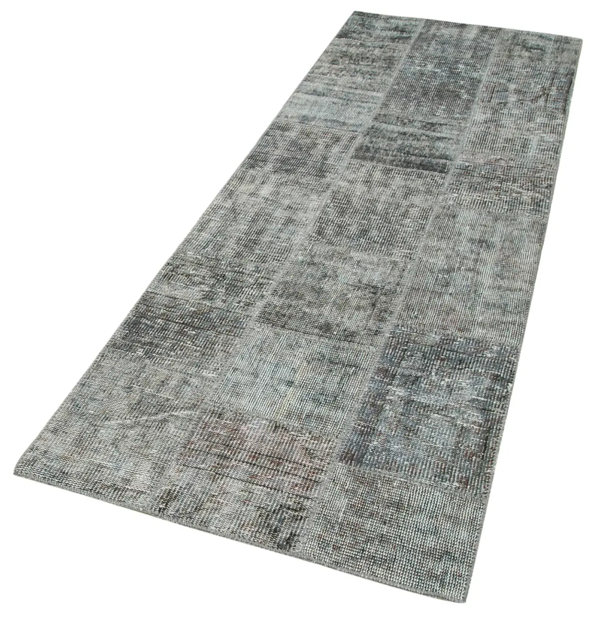Patchwork Gri Pamuk Üzerine Yün El Dokuma Kilim-085x250 - Görsel 3