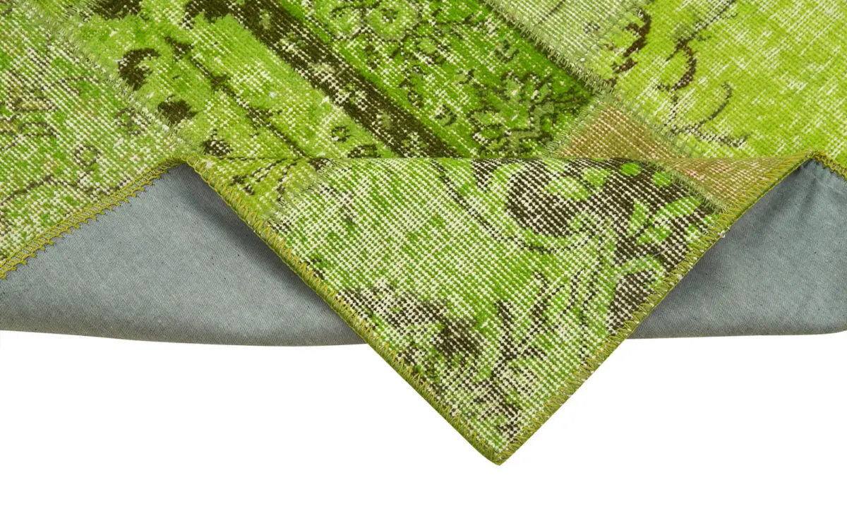 Patchwork Yeşil Pamuk Üzerine Yün El Dokuma Kilim-086x303 - Görsel 6