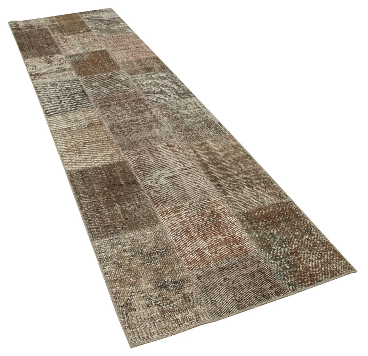 Patchwork Kahverengi Pamuk Üzerine Yün El Dokuma Kilim-084x300 - Görsel 2