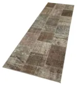 Patchwork Kahverengi Pamuk Üzerine Yün El Dokuma Kilim-084x300 - Görsel 3