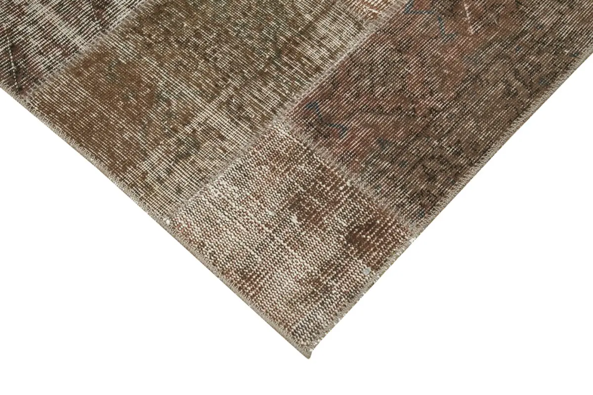Patchwork Kahverengi Pamuk Üzerine Yün El Dokuma Kilim-084x300 - Görsel 4