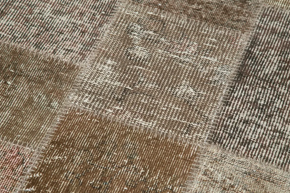 Patchwork Kahverengi Pamuk Üzerine Yün El Dokuma Kilim-084x300 - Görsel 5