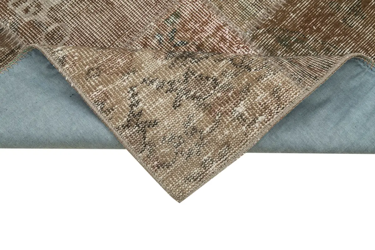 Patchwork Kahverengi Pamuk Üzerine Yün El Dokuma Kilim-084x300 - Görsel 6