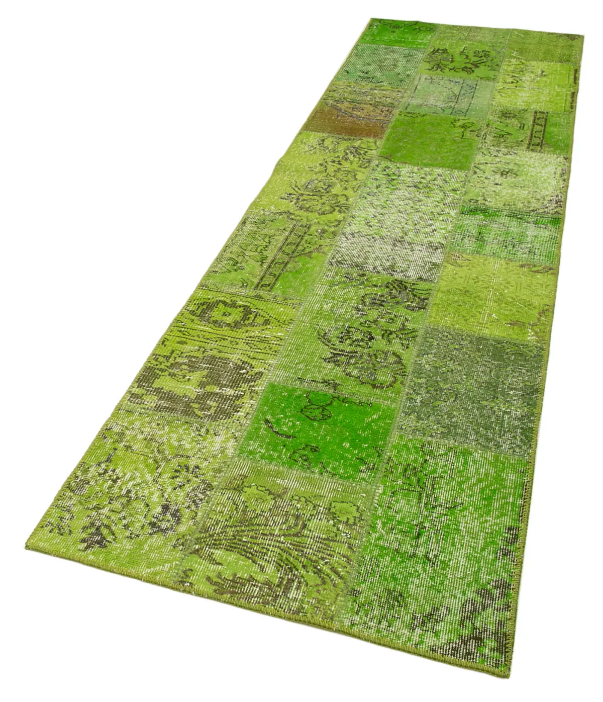 Patchwork Yeşil Pamuk Üzerine Yün El Dokuma Kilim-086x300 - Görsel 3