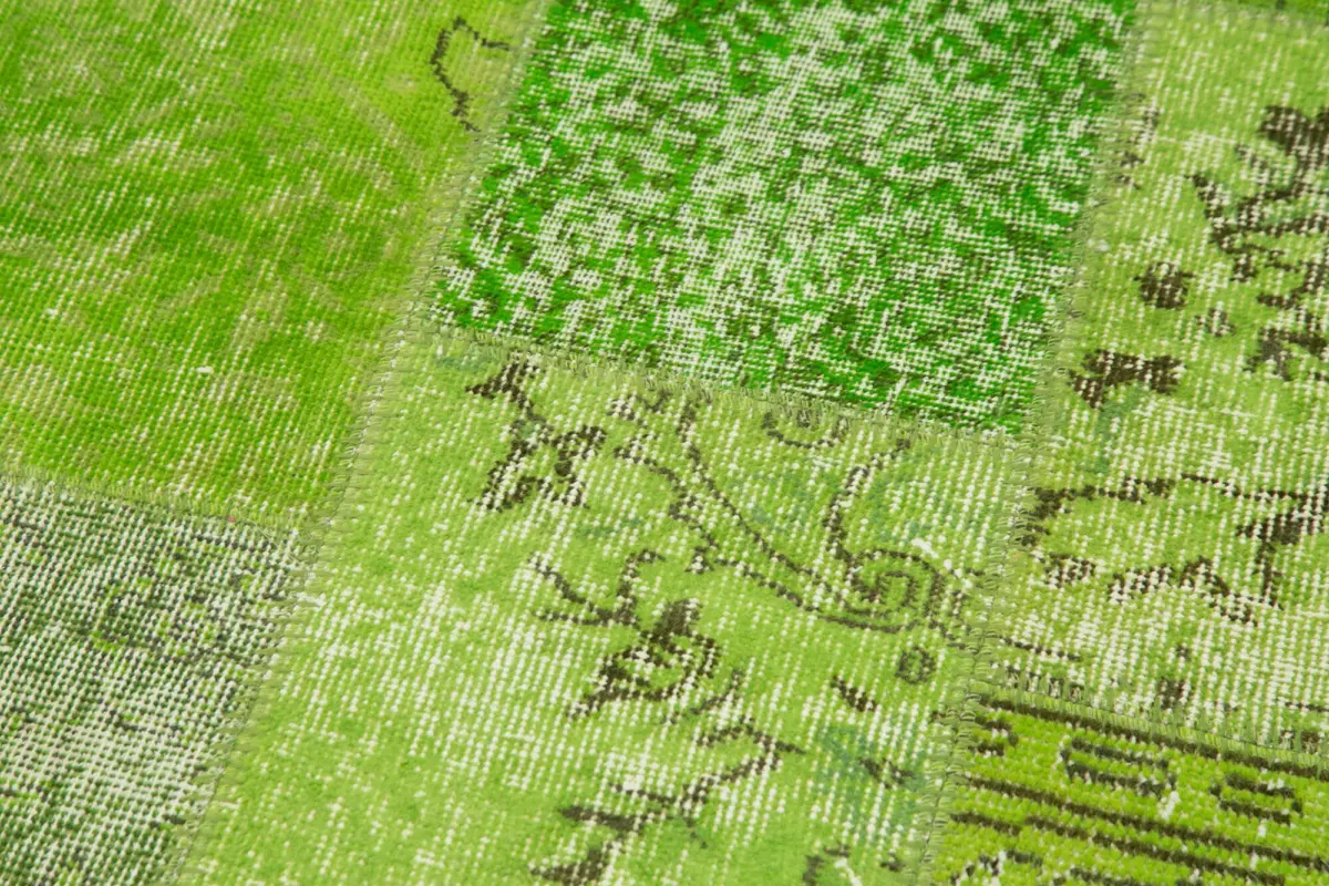 Patchwork Yeşil Pamuk Üzerine Yün El Dokuma Kilim-087x305 - Görsel 5