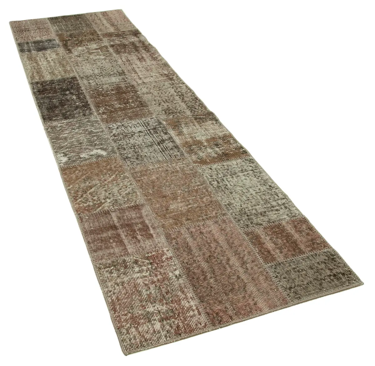 Patchwork Kahverengi Pamuk Üzerine Yün El Dokuma Kilim-086x304 - Görsel 2