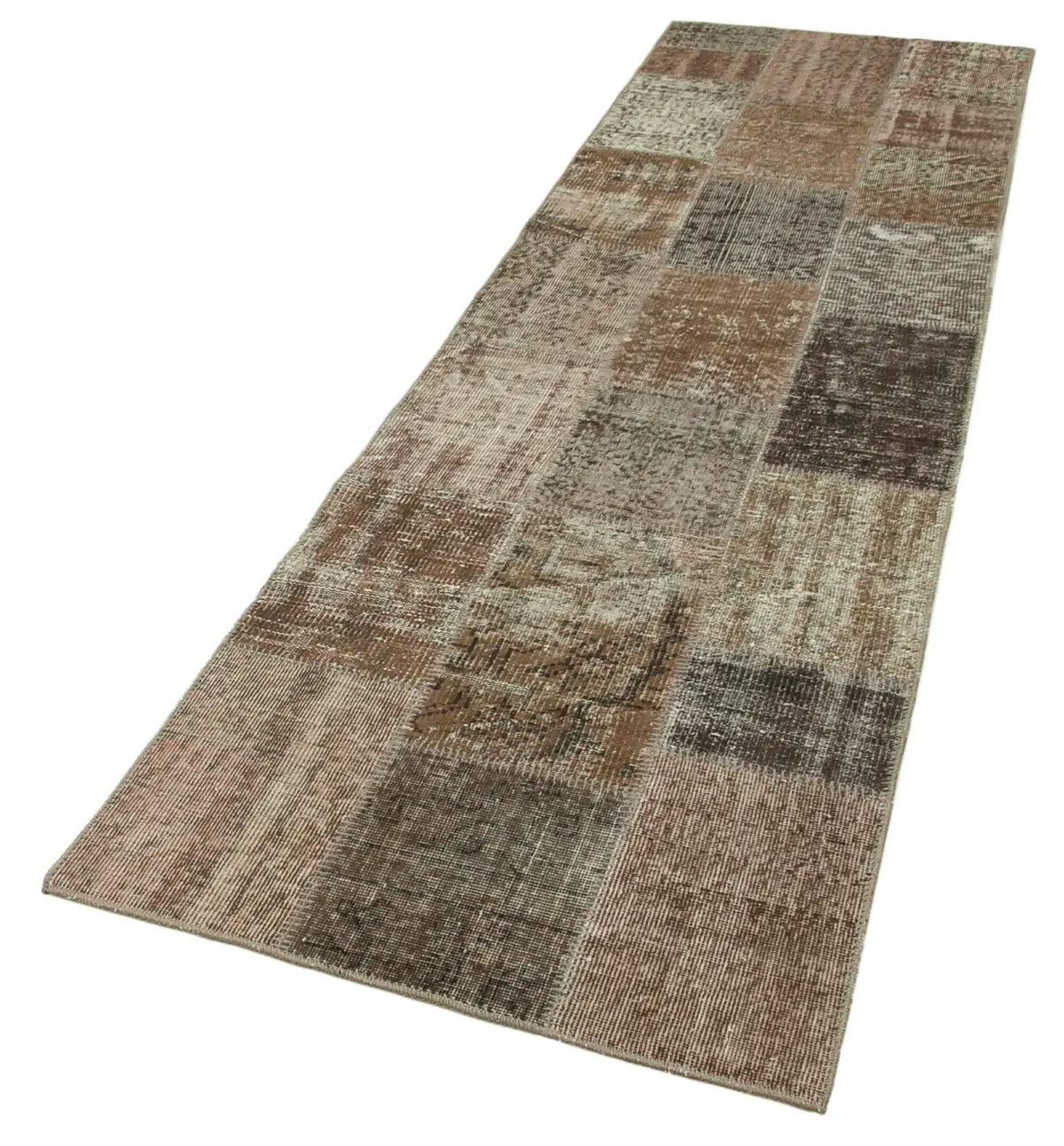 Patchwork Kahverengi Pamuk Üzerine Yün El Dokuma Kilim-086x304 - Görsel 3