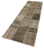 Patchwork Kahverengi Pamuk Üzerine Yün El Dokuma Kilim-086x304 - Görsel 3