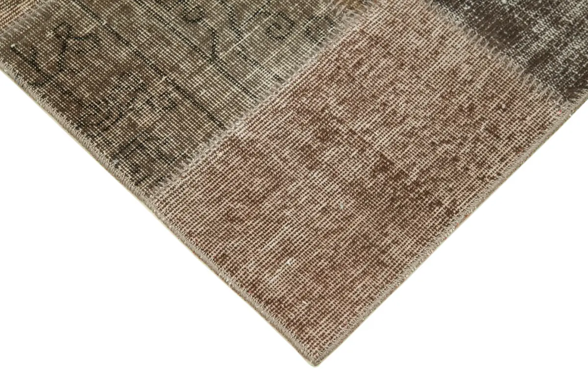 Patchwork Kahverengi Pamuk Üzerine Yün El Dokuma Kilim-086x304 - Görsel 4