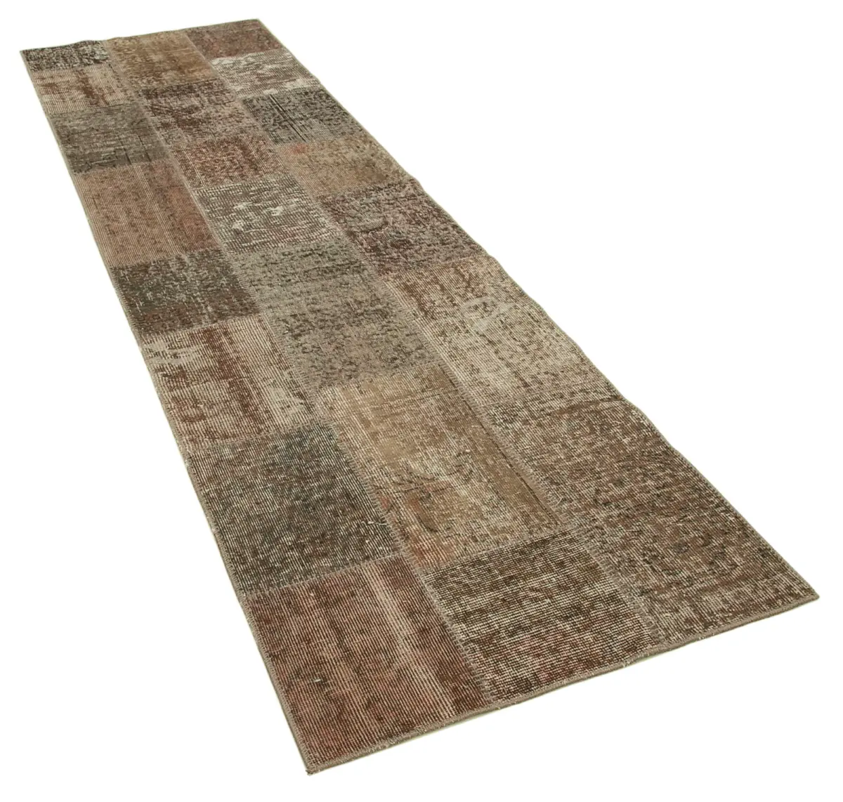 Patchwork Kahverengi Pamuk Üzerine Yün El Dokuma Kilim-086x304 - Görsel 2