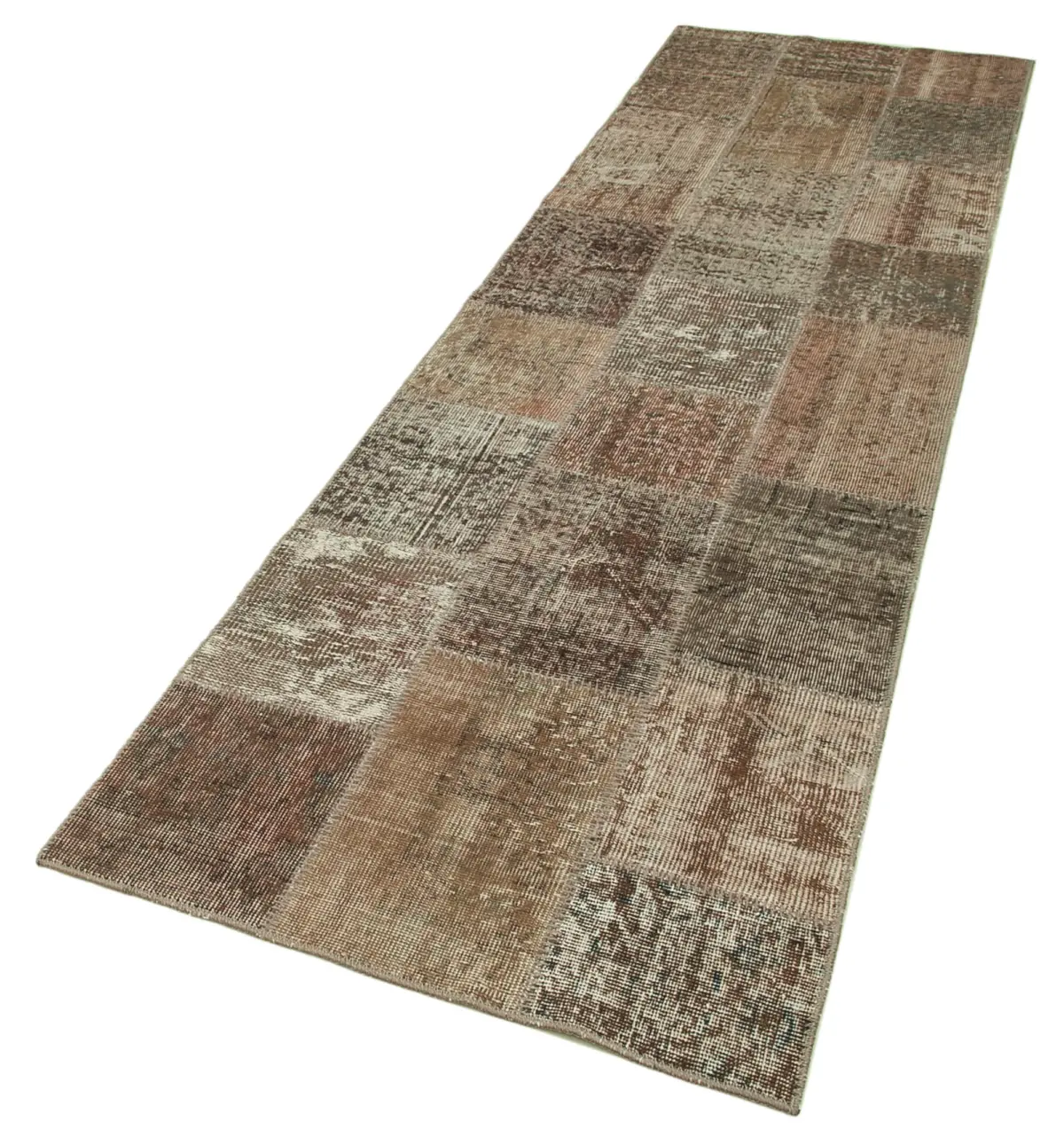 Patchwork Kahverengi Pamuk Üzerine Yün El Dokuma Kilim-086x304 - Görsel 3