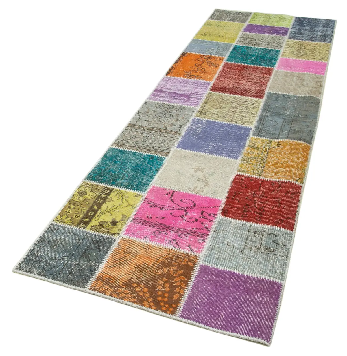 Patchwork Multi Pamuk Üzerine Yün El Dokuma Kilim-091x300 - Görsel 3
